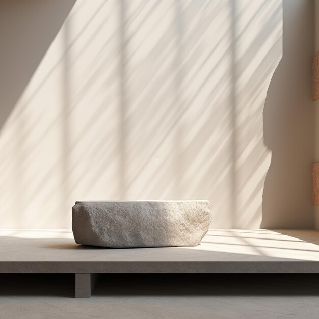 Pódio de pedra vazio para exibição de produtos no fundo da parede com sombra de sol