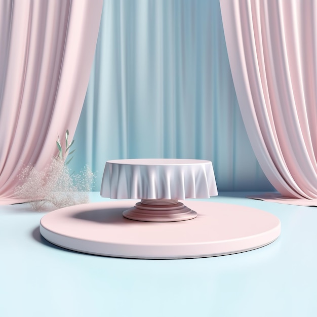 Pódio de plataforma abstrata na água e cortinas ondulantes Maquete pastel realista para produtos