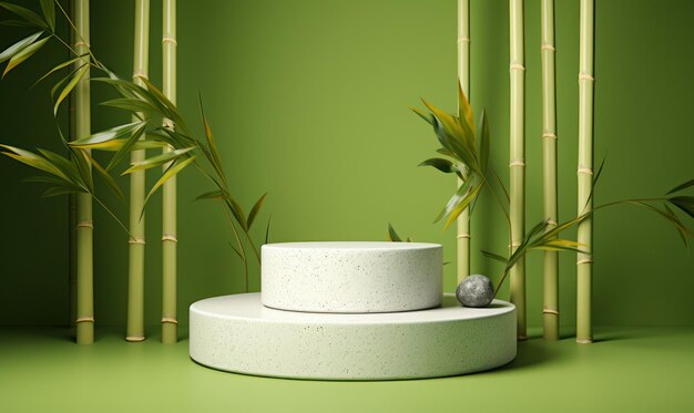 Pódio de plataforma de pedra de mármore redonda vazia com árvore de bambu em fundo verde Conceito de apresentação de exibição de produtos