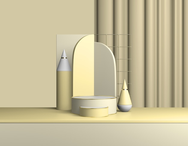 Pódio de produto amarelo abstrato. Espaço da cópia da apresentação do quadro branco bege claro pastel, formas geométricas mínimas. Renderização 3D