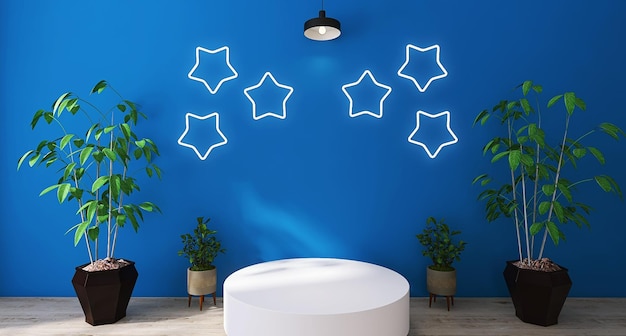 Pódio de produto branco com holofotes e luzes estrela de decoração