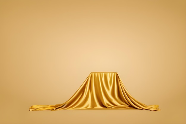 Pódio de produto coberto com pano de seda dourado sobre fundo dourado