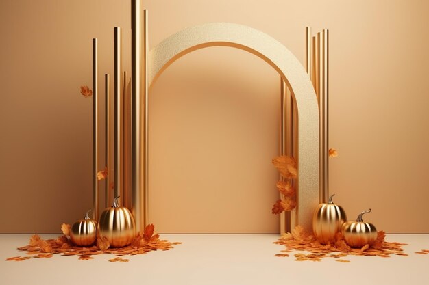 Pódio de produto dourado Golden Pumpkins Autumn maquete de anúncio de banner para Halloween ou Ação de Graças Generative AI