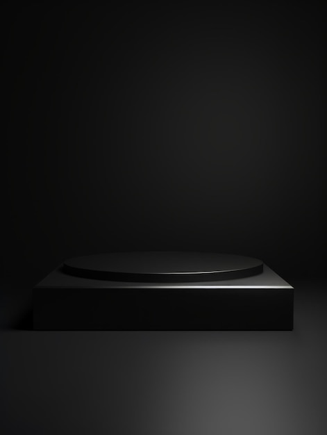 Pódio de produto minimalista preto O palco para apresentação do produto em fundo preto Pedestal de plataforma geométrica gerado por IA Maquete de pódio vertical para um anúncio de produto