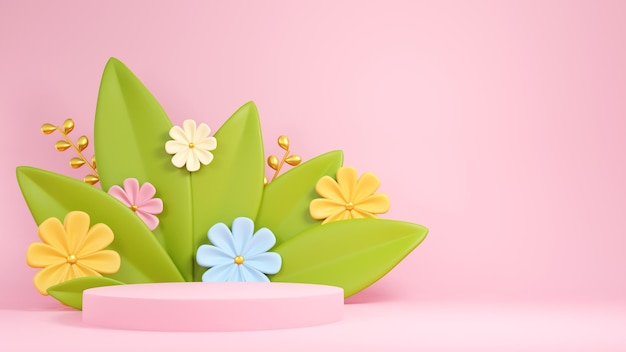 Pódio de produto realista com flores e folhas renderização 3d