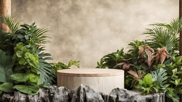 Pódio de produto vazio de madeira está em uma floresta tropical exuberante cercada de branco com espaço de cópia