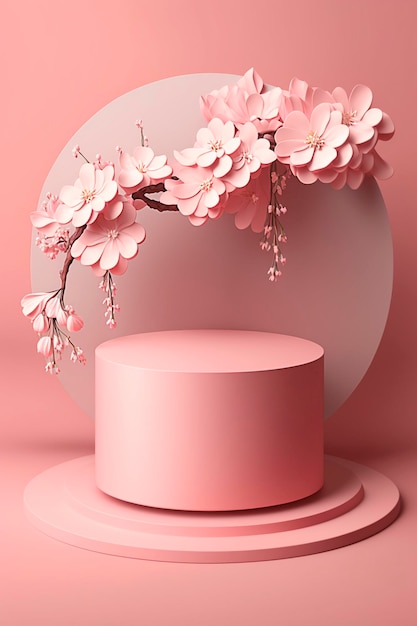 Pódio de promoção de produtos cosméticos em segundo plano pedestal pastel floral Generative AI
