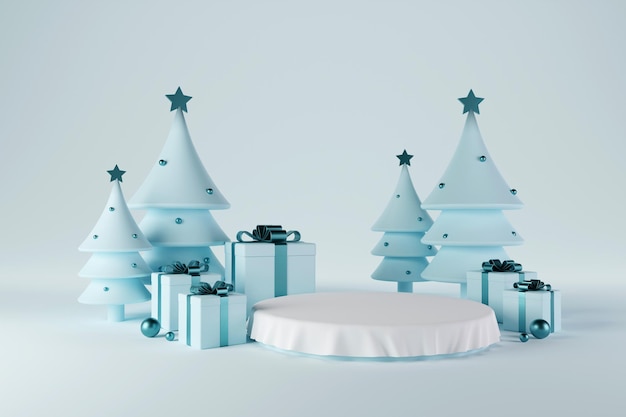 Pódio de renderização 3D com caixa de presente e árvore de Natal