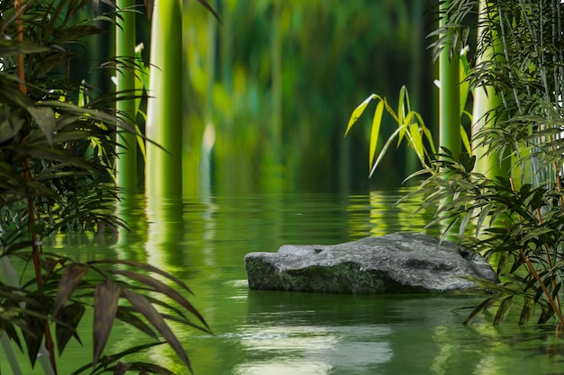 Pódio de rocha natural com cercadura de água com ambiente de bambu