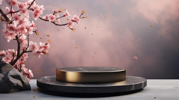 Pódio de Rocha Vazio com ramos de Sakura florescendo contra o fundo da natureza Feito de material natural