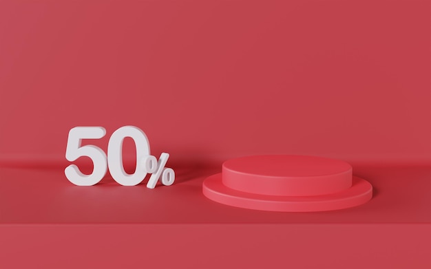 Pódio de super venda com oferta de desconto de 50 por cento em fundo vermelho