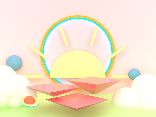 Pódio de tema de céu colorido em fundo rosa para apresentação de produto infantil Renderização 3D geométrica