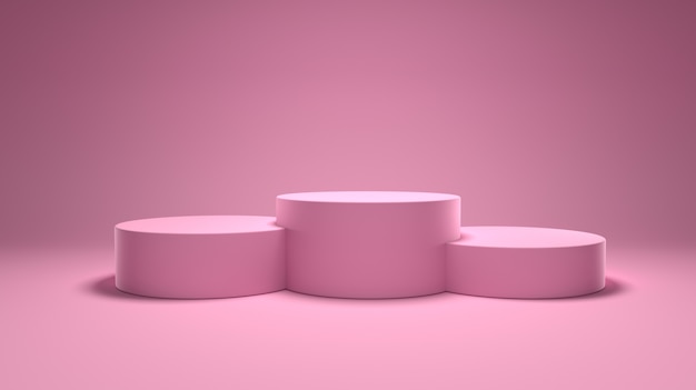 Pódio de vencedores, pedestal no quarto rosa, pódio de prêmio. Renderização em 3D.