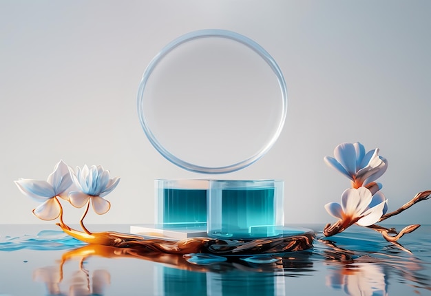 Foto pódio de vidro azul com flor de flor azul na água
