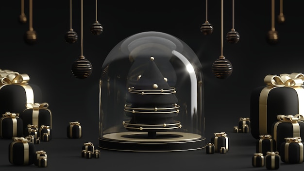 Pódio de vidro de árvore de Natal e ornamentos fundo preto mídias sociais post renderização 3d