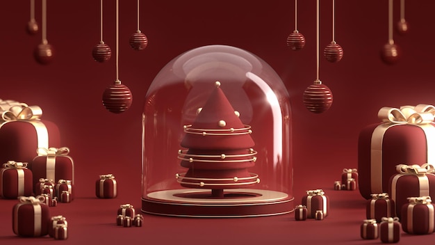 Pódio de vidro de árvore de Natal e ornamentos fundo preto mídias sociais post renderização 3d