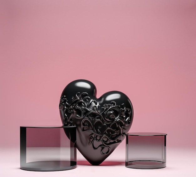 pódio de vidro de coração preto com fundo rosa cena de apresentação de produto