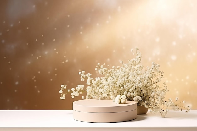 Pódio de vitrine de produto bege elegante com flores brancas de Gypsophila e espaço para texto