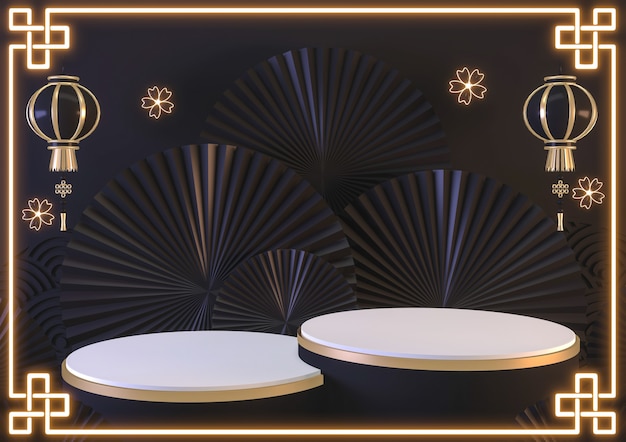 El podio del diseño abstracto negro moderno muestra el producto cosmético geométrico. Representación 3D