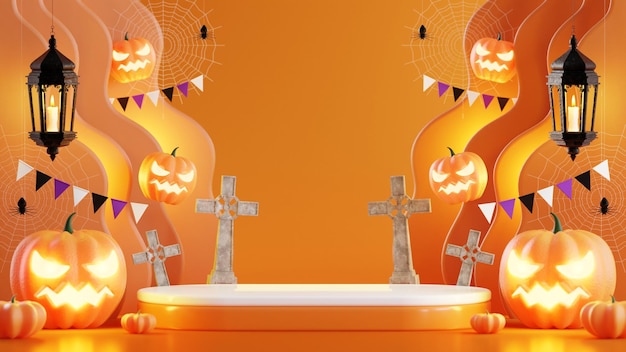 Podio de diseño de ilustración de renderizado 3d para pancarta de halloween con calabaza crucifijo calavera vela caja de dulces tumba en el fondo