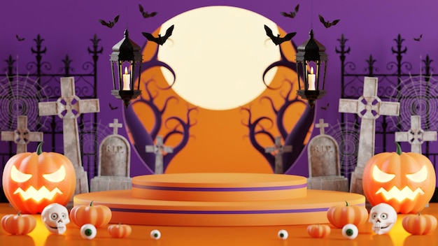 Podio de diseño de ilustración de renderizado 3d para pancarta de halloween con calabaza crucifijo calavera vela caja de dulces tumba en el fondo