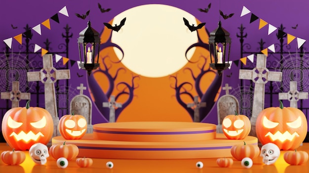 Podio de diseño de ilustración de renderizado 3d para pancarta de halloween con calabaza crucifijo calavera vela caja de dulces tumba en el fondo