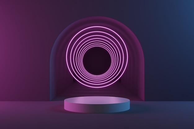 Pódio do cilindro branco e anel de luz rosa sobre fundo cinza do túnel com iluminação azul e rosa.