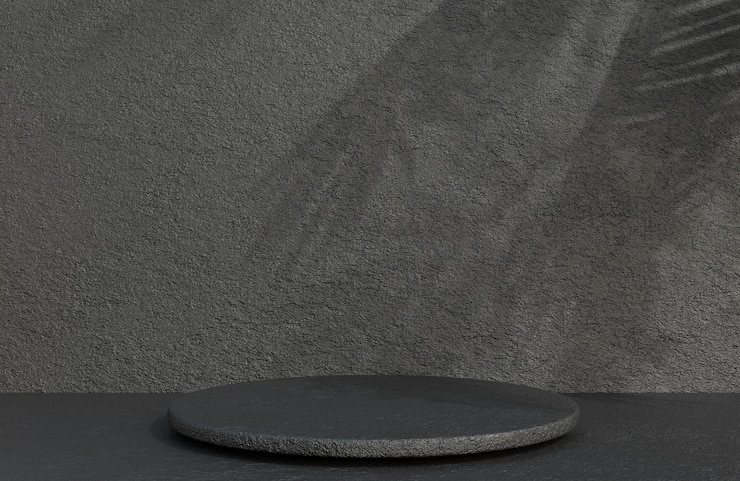 Pódio do círculo de pedra preta para apresentação do produto no estilo luxuoso do fundo da parede de pedra, modelo 3D e ilustração.