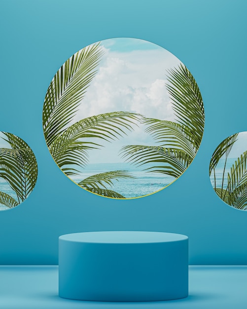Pódio do oceano com fundo azul tropical com palmeiras para renderização 3D de colocação de produto