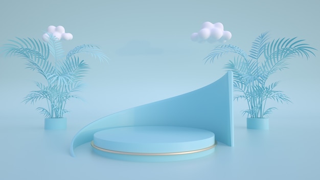 Pódio do produto com nuvem 3D e planta