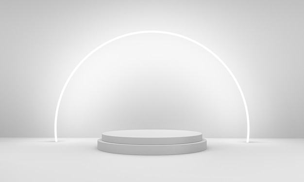 Pódio do vencedor em fundo branco abstrato para apresentação do produto em luz de néon. Renderização 3D.