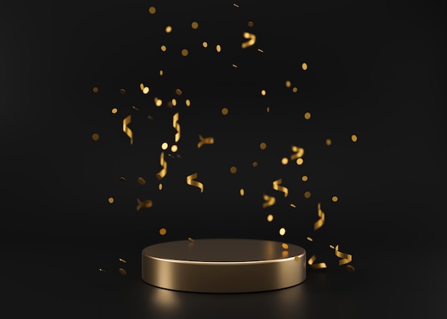 Podio dorado con confeti cayendo sobre fondo negro Elegante podio para la presentación cosmética del producto Maqueta de lujo Pedestal o plataforma para productos de belleza Representación 3D de escena vacía