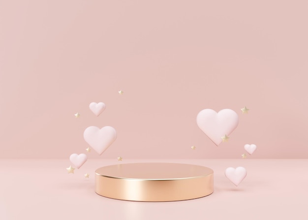 Pódio dourado com corações e estrelas dia da mulher dia das mães aniversário de casamento dia dos namorados plataforma para apresentação de produtos cosméticos mock up pedestal para produtos de beleza renderização em 3d