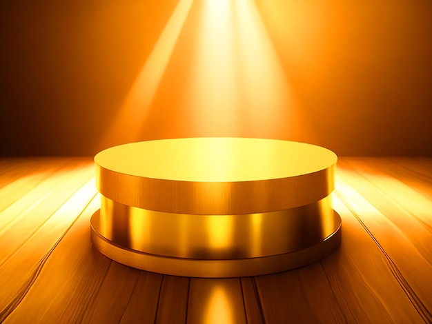pódio dourado com luz dourada na mesa de madeira download de imagem 4k