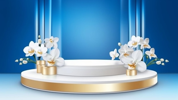Pódio dourado criativo palco azul vazio decorado generativo ai