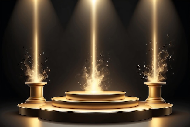 Pódio dourado em fundo escuro com fumaça Pedestal vazio para cerimônia de premiação Plataforma iluminada
