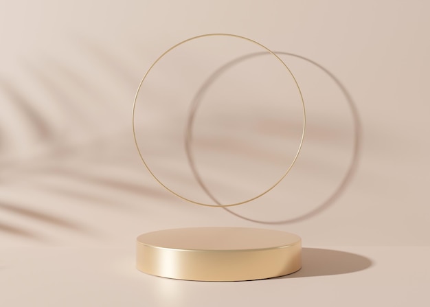 Pódio dourado redondo com anel dourado sobre fundo creme pódio para apresentação cosmética do produto mock up pedestal ou plataforma para produtos de beleza cena vazia renderização em 3d