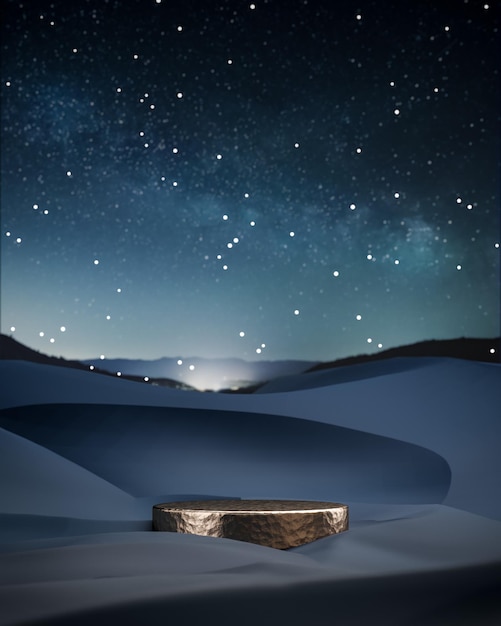 Pódio dourado sobre fundo de noite estrelada de dunas de areia de sobremesa para renderização 3d de colocação de produtos