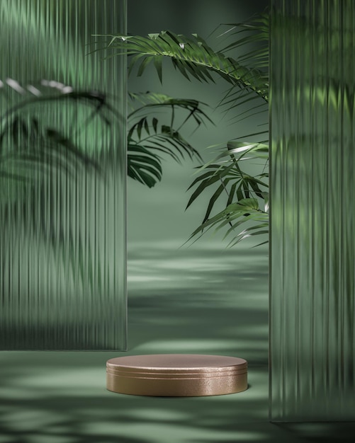 Pódio dourado verde fica árvores de floresta tropical fundo verde para renderização 3d de colocação de produtos