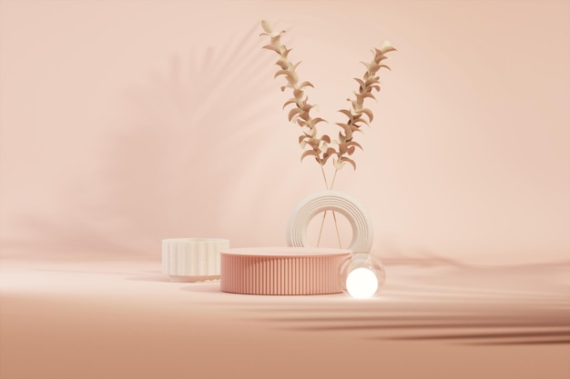 Pódio e fundo cosmético abstrato para vaso de vidro de flor seca e luzes esféricas 3d render