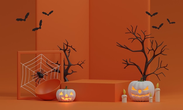 Pódio e palco para produto e fundo abstrato mínimo para renderização em 3d do Halloween Happy Halloween festival