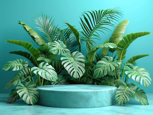 Podio elegante con pedestal de Natures contra el fondo de la jungla con renderizado 3D de Monstera para presentación de productos orgánicos