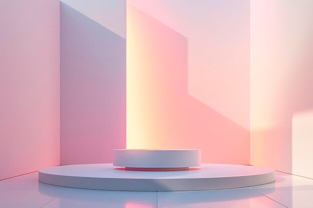 Pódio elegante redondo com iluminação em um fundo de parede rosa pastel Luz do dia e sombras