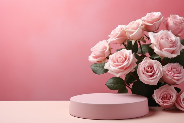 Pódio em branco com rosas cor-de-rosa em fundo rosa Vitrine para produtos de perfume, jóias e cosméticos