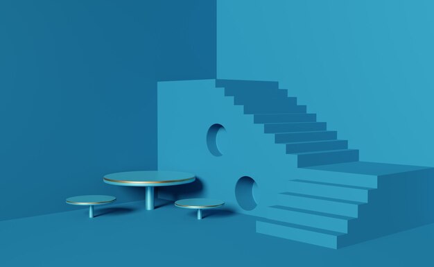 Foto con un podio de escalera en composición azul para una pantalla de escenario moderna y una maqueta minimalista fondo de vitrina abstracto ilustración conceptual en 3d o renderización en 3d