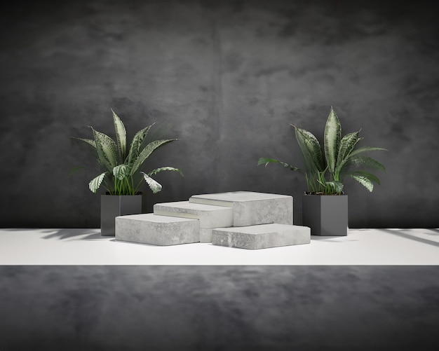 Podio de escalones de hormigón gris oscuro con decoración de plantas de serpiente en plantilla de maqueta de renderización 3D cuadrada