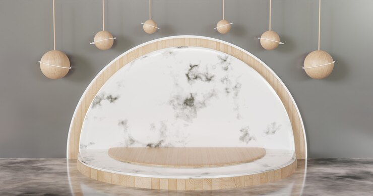 Podio de escaparate de escenario minimalista de lujo blanco para producto, pedestal de madera de mármol cerámico fondo renderizado 3d