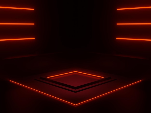 Podio de escenario científico negro renderizado 3D con luz de neón roja. Fondo oscuro.