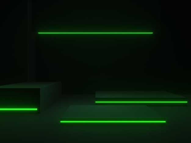 Podio de escenario científico negro renderizado 3D con luz de neón verde. Fondo oscuro.