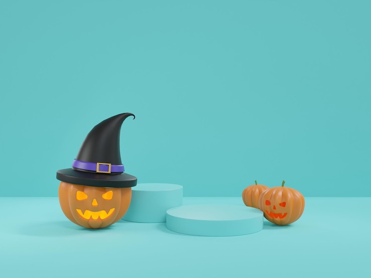Podio de escenario de diseño de Render 3D de fondo de calabazas de Halloween feliz